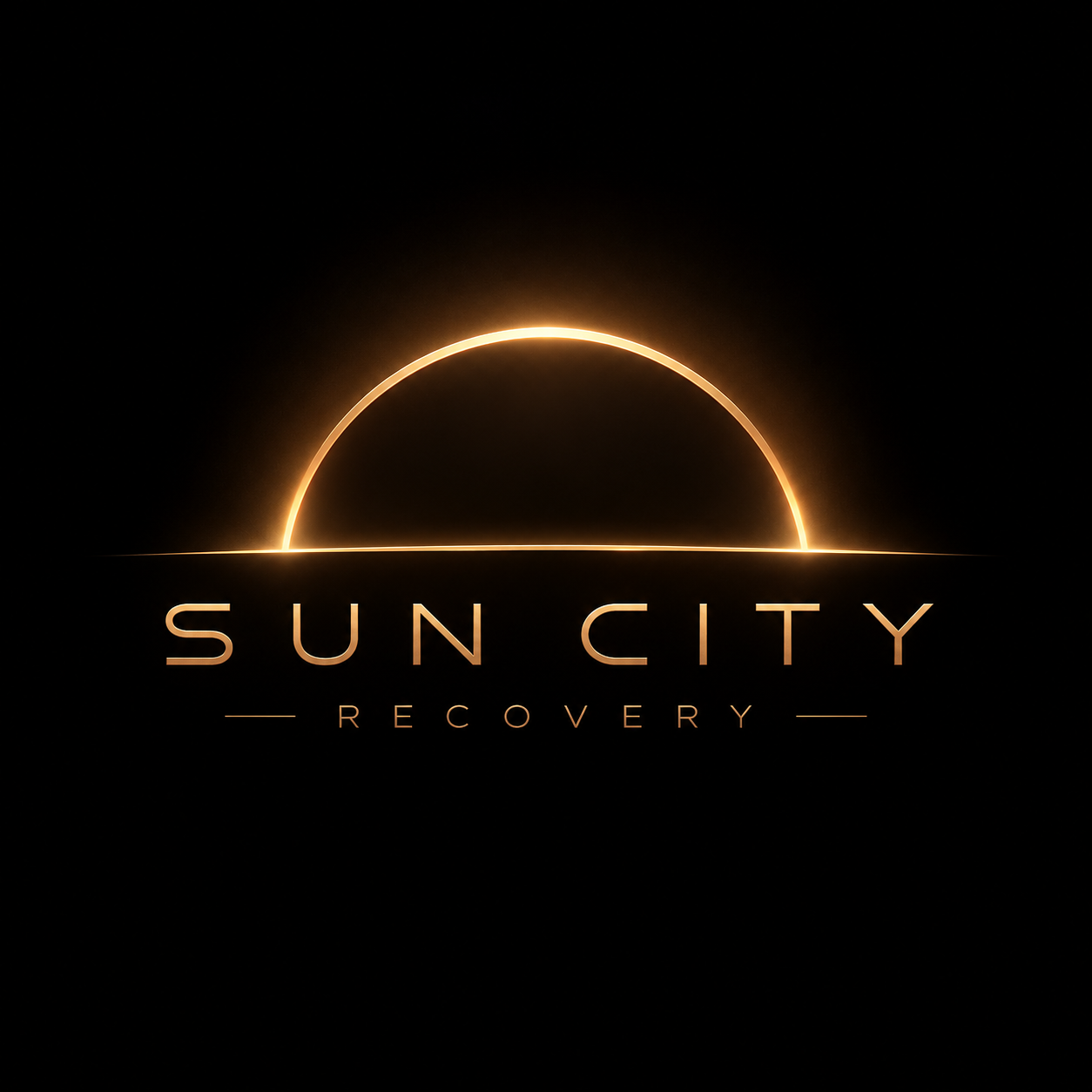 Sun City Recovery glowing gold sun above a dark horizon